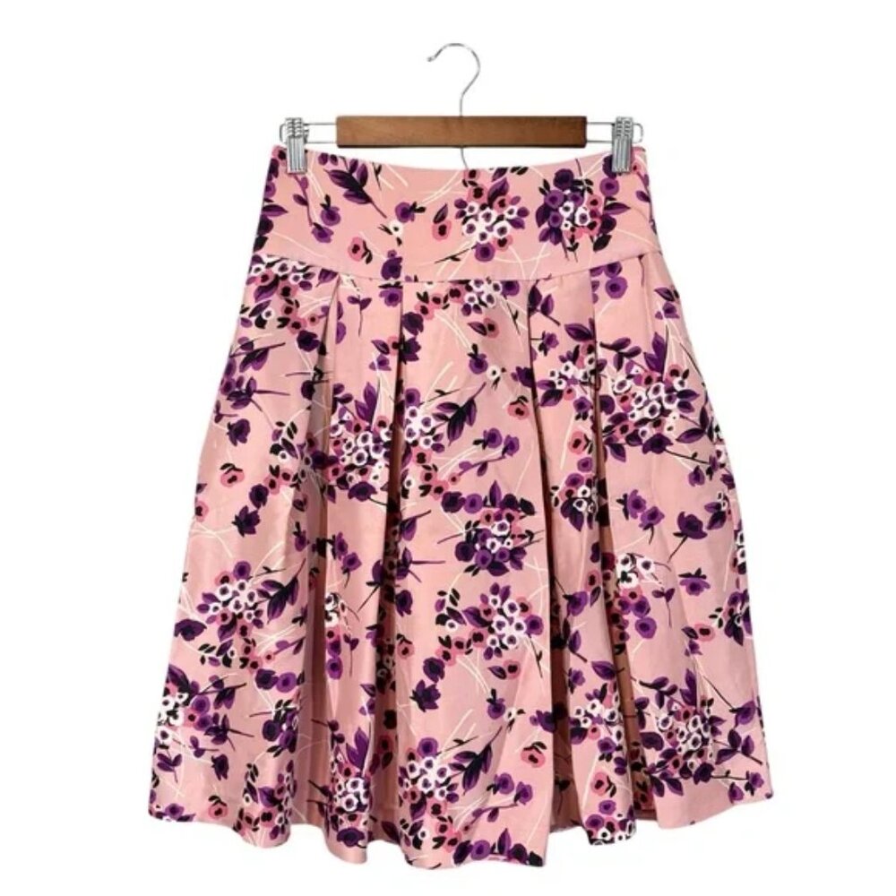 Express Pink Silk Skirt A-Line Fit & Flare White Purple Floral Print, Size 4